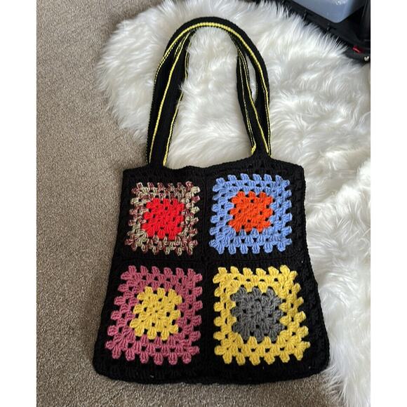 HANDMADE CROCHET GRANNY SQUARE BOHO HUGE MARKET BAG TOTE PURSE HIPPIE 16x17 - Picture 1 of 13